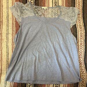 Haven Well Within Women's Top Blouse Shirt 2XL Lace Blue Ruffle Cap Cottage